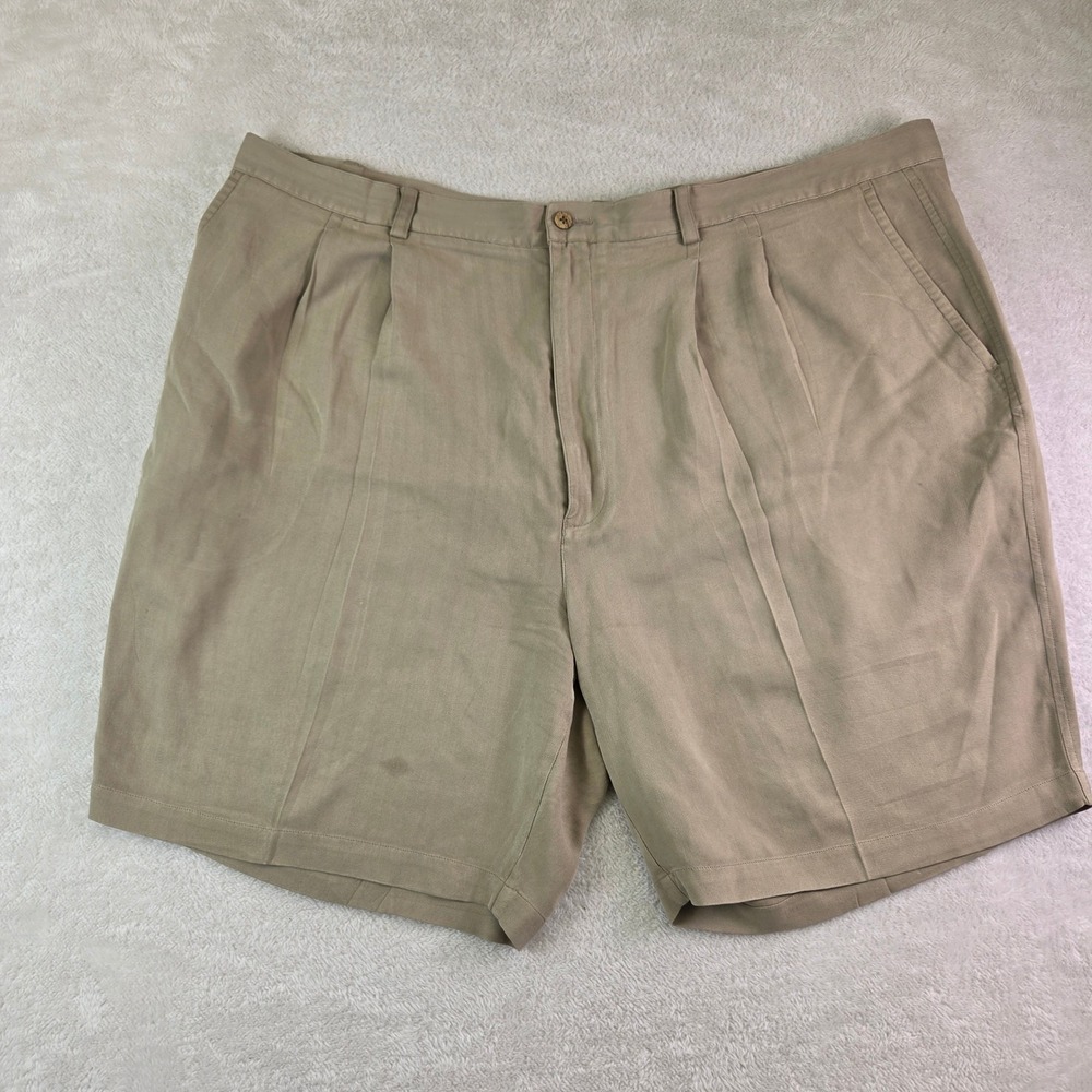 Caribbean Roundtree & Yorke 100% Silk Pleated Shorts Khaki Tan Mens 48 Big